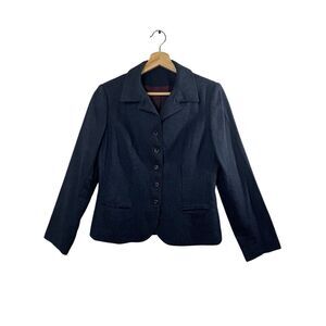 Renlyn Black Long Sleeve Wool Blazer Jacket Pinstriped Collared Career Formal